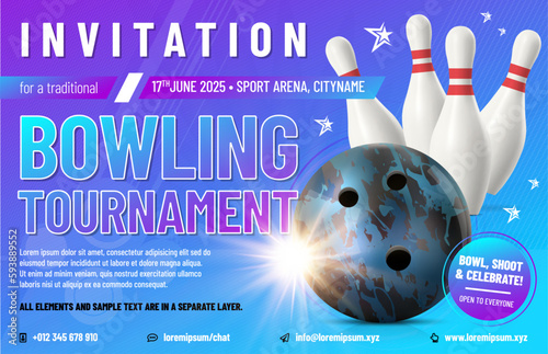 Invitation template with ball and pins for bowling tournament