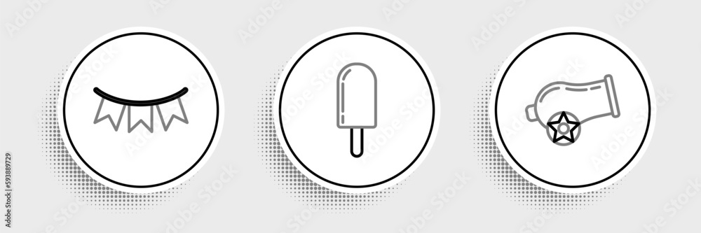 Set line Cannon, Carnival garland with flags and Ice cream icon. Vector Set line Cannon, Carnival garland with flags and Ice cream icon. Vector