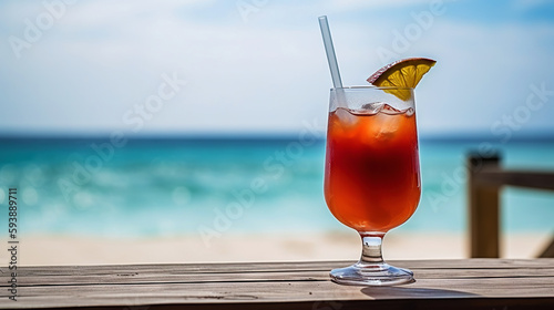 Mexican Bulldog cocktail on background with blue sea and sky tropical background. Generative AI