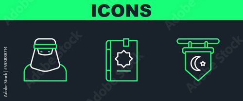 Set line Star and crescent, Muslim woman in niqab and Holy book of Koran icon. Vector