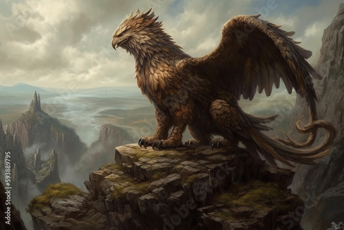 A griffin bird standing on a rock in the hills looks at the prey below generative ai photo
