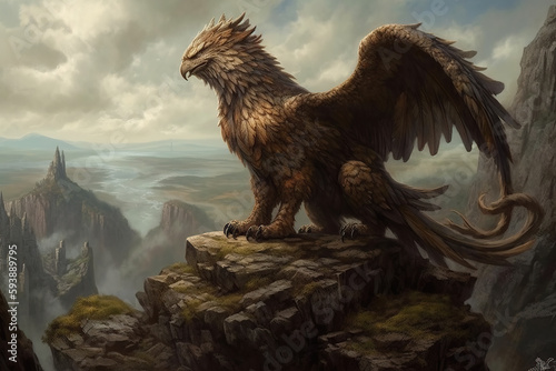 A griffin bird standing on a rock in the hills looks at the prey below generative ai