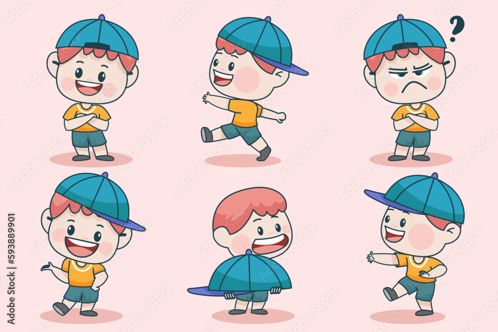 Young smart boy character with different facial expression and hand poses. Young smart boy character with different facial expression and hand poses.