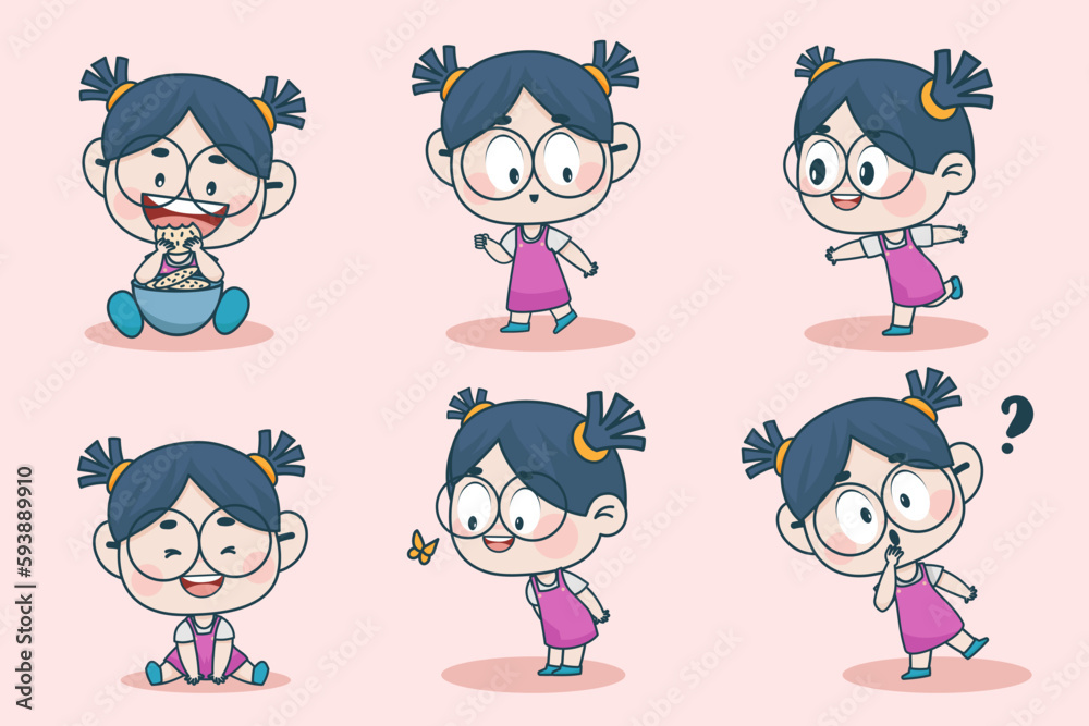 Young smart girl character with different facial expression and hand poses. Facial expression flat vector illustration Young smart girl character with different facial expression and hand poses. Facial expression flat vector illustration