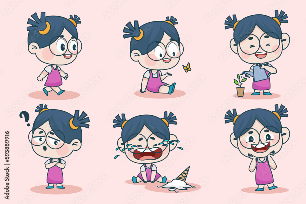 Young smart girl character with different facial expression and hand poses. Facial expression flat vector illustration Young smart girl character with different facial expression and hand poses. Facial expression flat vector illustration