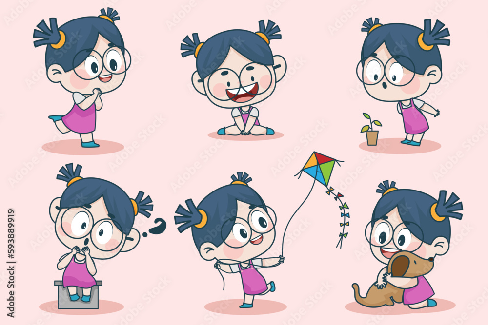 Young smart girl character with different facial expression and hand poses. Facial expression flat vector illustration Young smart girl character with different facial expression and hand poses. Facial expression flat vector illustration
