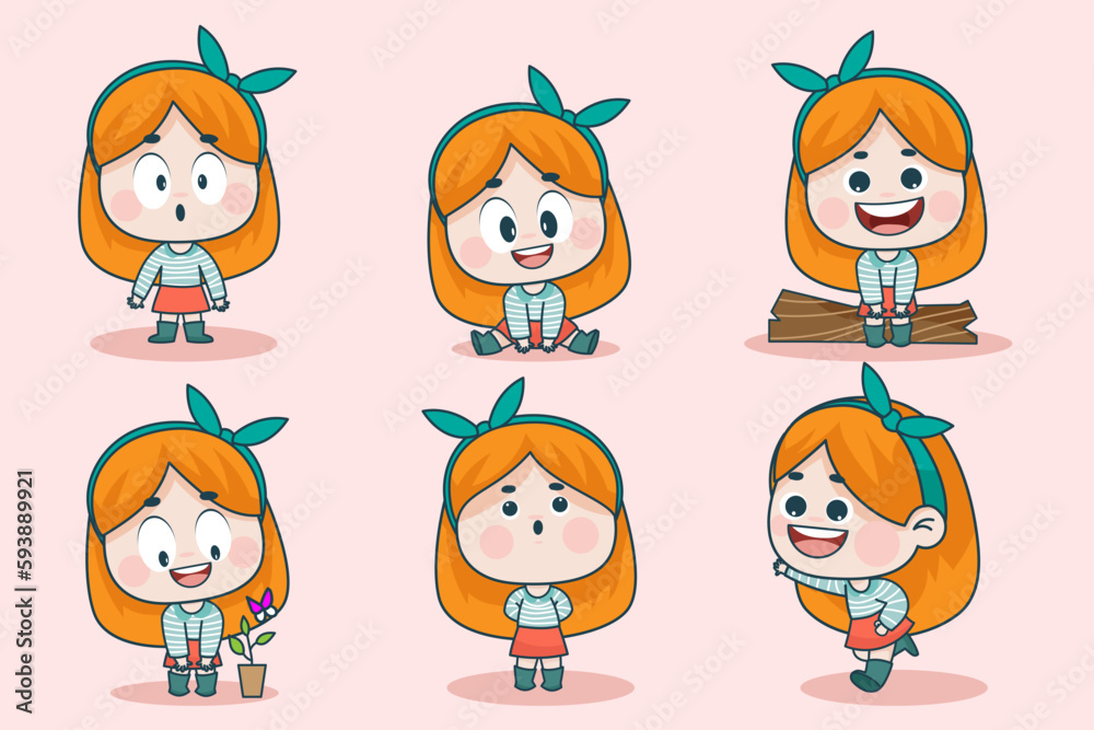 Young smart girl character with different facial expression and hand poses. Facial expression flat vector illustration Young smart girl character with different facial expression and hand poses. Facial expression flat vector illustration