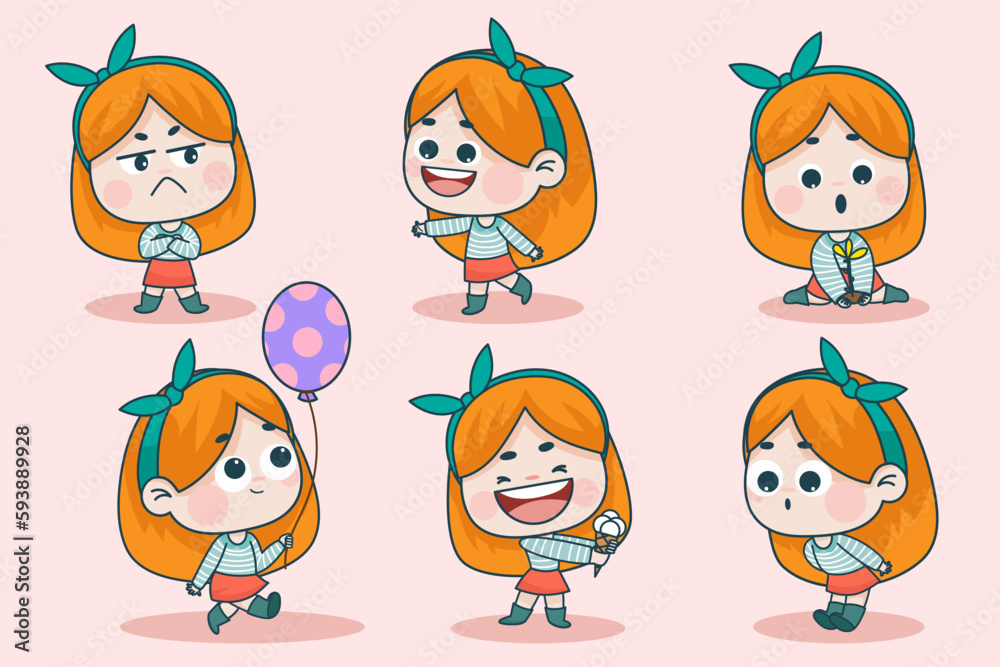 Young smart girl character with different facial expression and hand poses. Facial expression flat vector illustration Young smart girl character with different facial expression and hand poses. Facial expression flat vector illustration