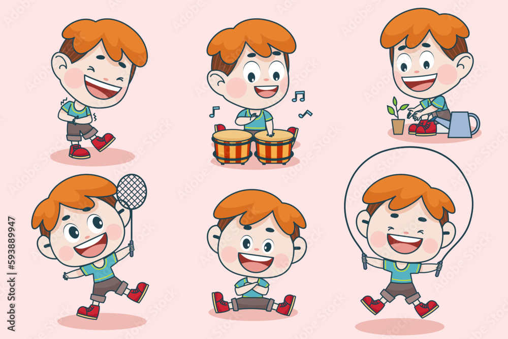 Young smart boy character with different facial expression and hand poses. Young smart boy character with different facial expression and hand poses.