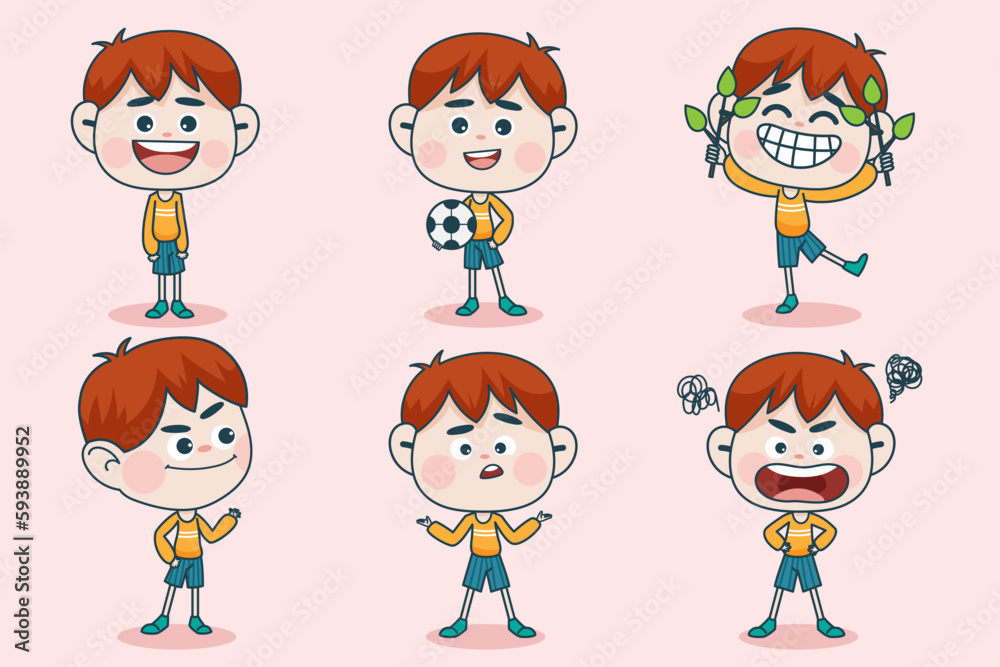 Young smart boy character with different facial expression and hand poses. Young smart boy character with different facial expression and hand poses.