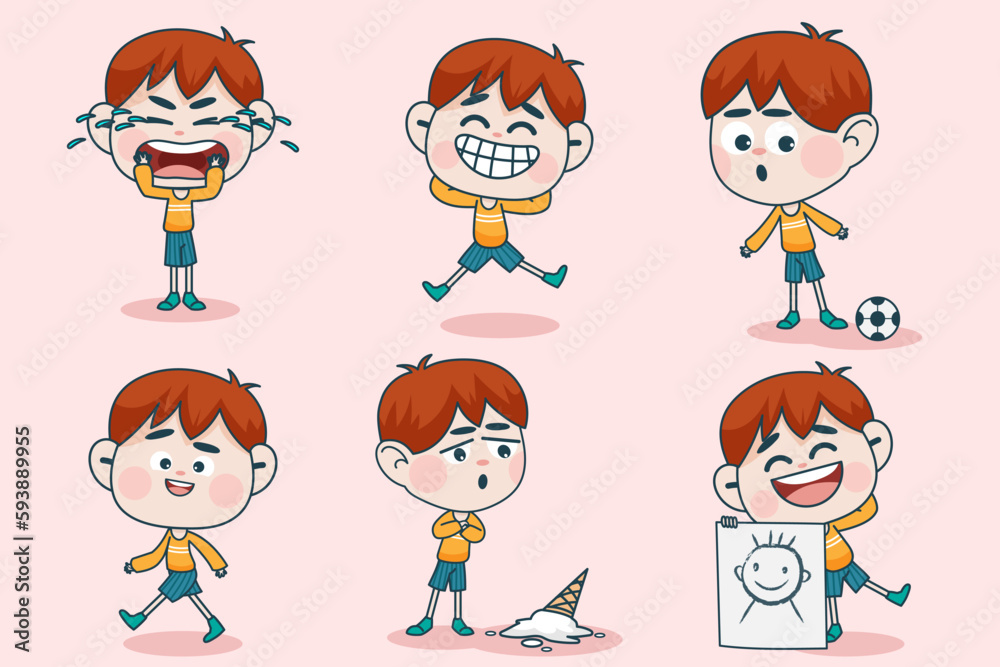 Young smart boy character with different facial expression and hand poses. Young smart boy character with different facial expression and hand poses.