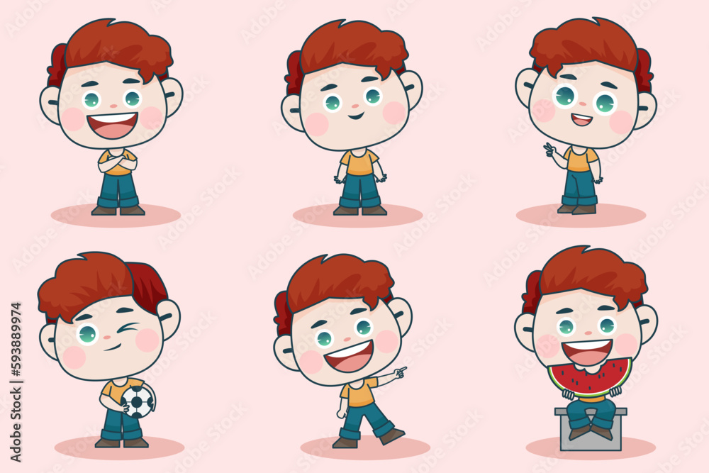 Young smart boy character with different facial expression and hand poses. Young smart boy character with different facial expression and hand poses.