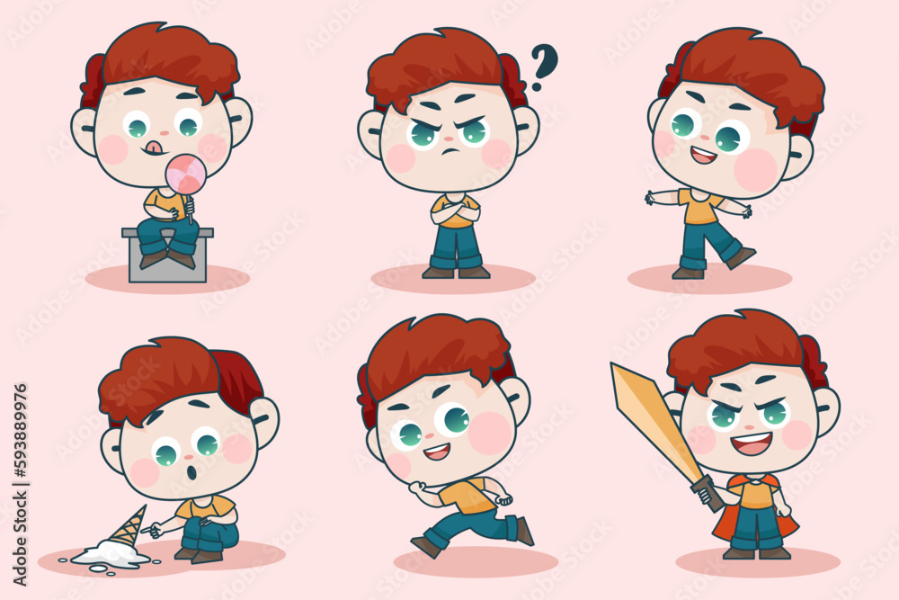 Young smart boy character with different facial expression and hand poses.