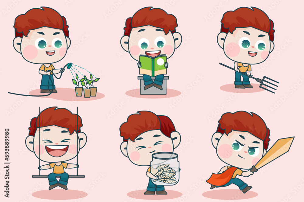 Young smart boy character with different facial expression and hand poses. Young smart boy character with different facial expression and hand poses.