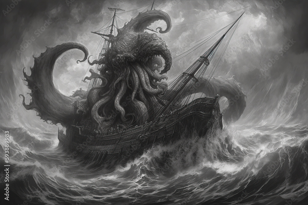 ภาพประกอบสต็อก A kraken trying to destroy a pirate ship in rough seas