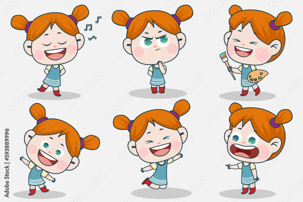 Young smart girl character with different facial expression and hand poses. Facial expression flat vector illustration Young smart girl character with different facial expression and hand poses. Facial expression flat vector illustration