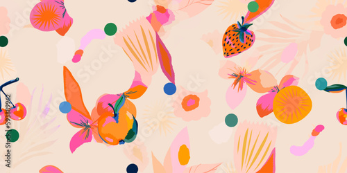 Hand drawn abstract cute fruits and flowers pattern. Collage playful contemporary print. Fashionable template for design.