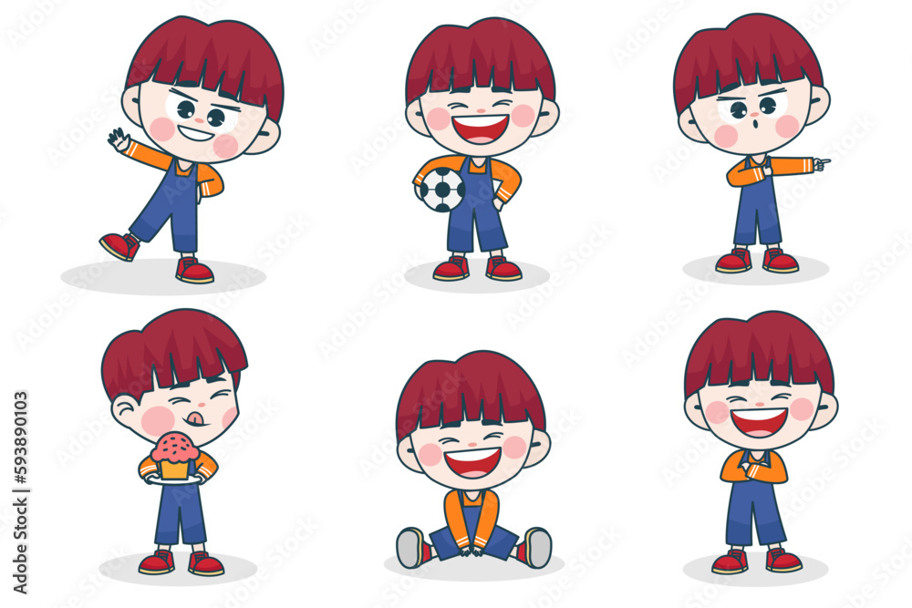 Young smart boy character with different facial expression and hand poses. Young smart boy character with different facial expression and hand poses.