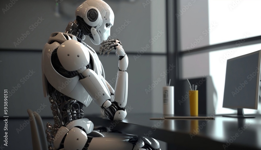 3d rendering of humanoid robot android technology background abstract in office city view. Futuristic cyborg learning laptop computer sitting at desk, Generative Ai.