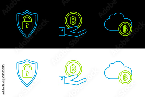 Set line Cryptocurrency cloud mining, Shield security with lock and Hand holding Bitcoin icon. Vector