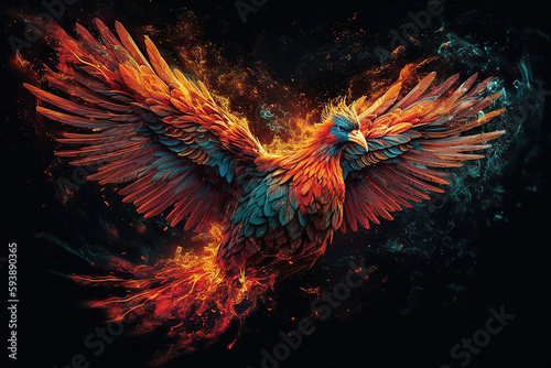 Experience the fiery rebirth of a majestic phoenix, its wings flapping flames against a dark backdrop. Perfect for powerful and mystical designs generative ai © emzee