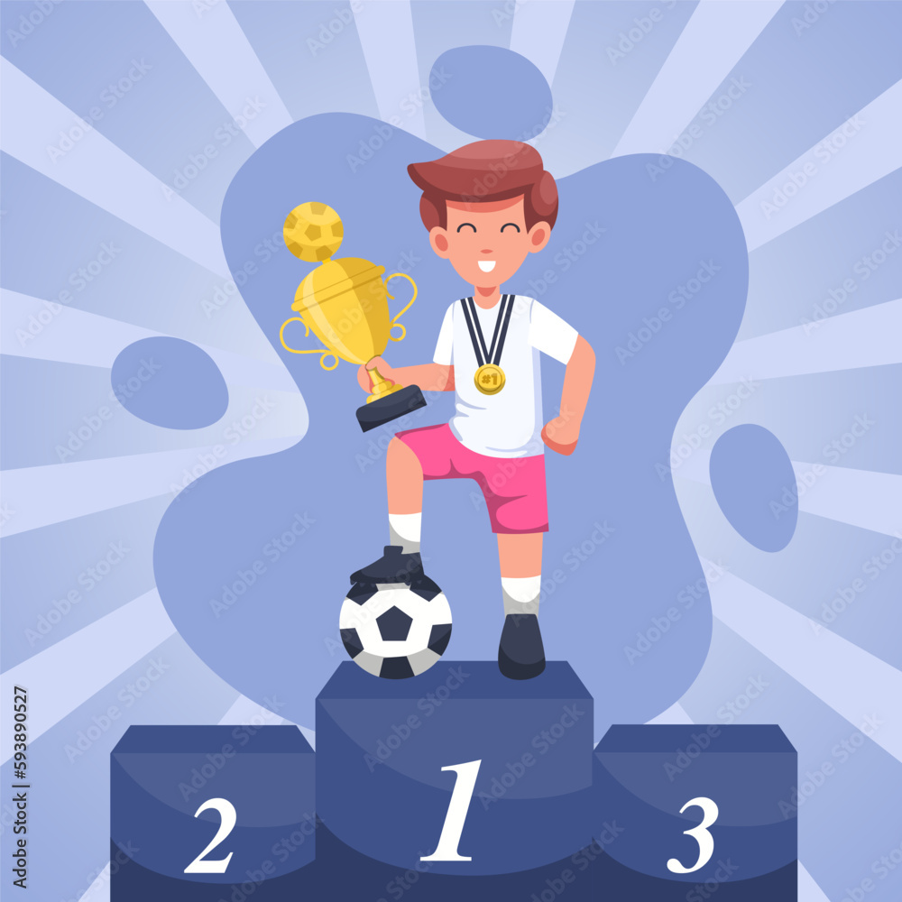 Athlete male soccer league with trophies on first position podium