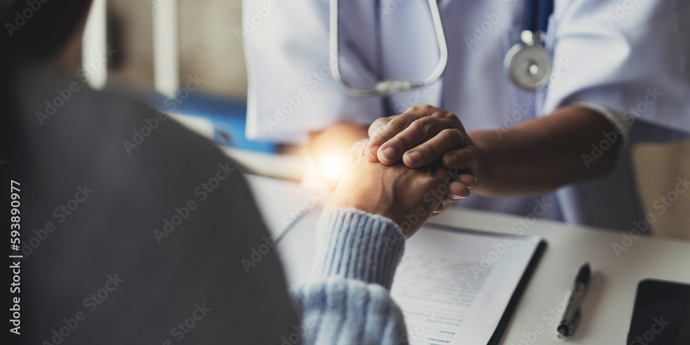 Young asian woman or nurse care hand on senior grandmother shoulder give support empathy to elderly lady or older people in assisted care mental health sick relief concept hand clasp to encourage