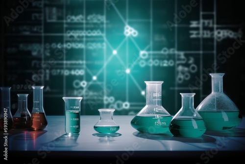 Beaker and flask in science laboratory with chemical from generative ai
