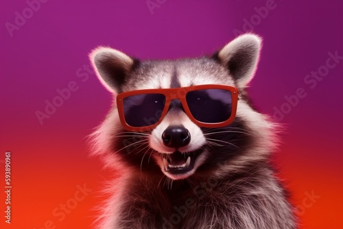 music glasses party animal neon background fun raccoon young pet portrait. Generative AI. © SHOTPRIME STUDIO