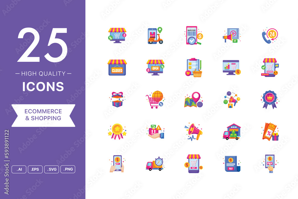 Vector set of Ecommerce and shopping icons. The collection comprises 25 vector icons for mobile applications and websites. Vector set of Ecommerce and shopping icons. The collection comprises 25 vector icons for mobile applications and websites.