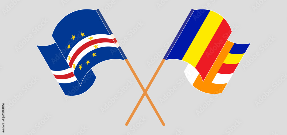 Crossed and waving flags of Cape Verde and Buddhism Crossed and waving flags of Cape Verde and Buddhism