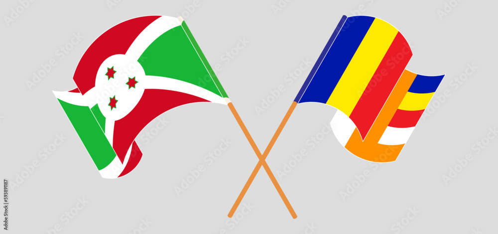 Crossed and waving flags of Burundi and Buddhism Crossed and waving flags of Burundi and Buddhism