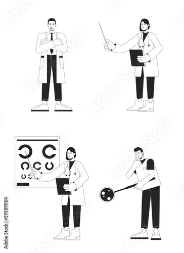 Different medical specialists flat line black white vector characters set. Editable isolated outline full body people. MD simple cartoon style spot illustration pack for web graphic design, animation