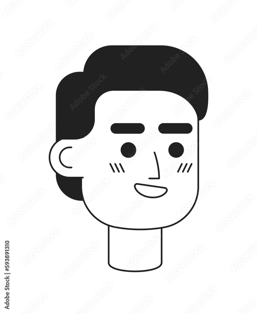Pleased wide smiling guy monochromatic flat vector character head. Happy man. Editable black white cartoon face emotion. Hand drawn lineart ink spot illustration for web graphic design, animation Pleased wide smiling guy monochromatic flat vector character head. Happy man. Editable black white cartoon face emotion. Hand drawn lineart ink spot illustration for web graphic design, animation