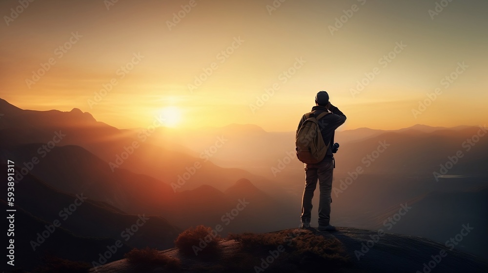 A detailed image of a traveler gazing at a stunning mountain landscape at sunrise