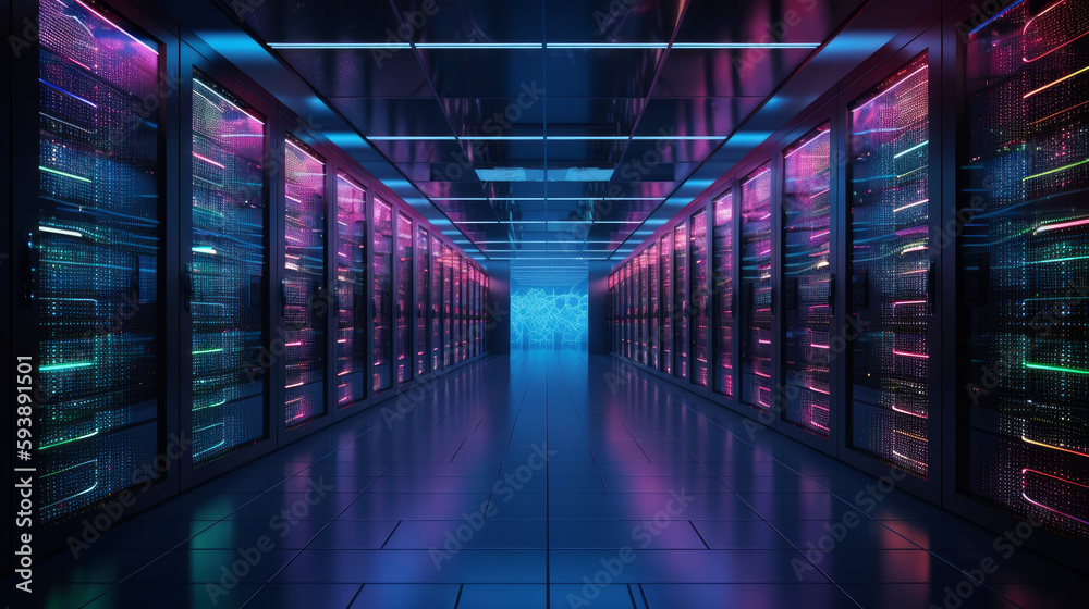 Picture of a data center with many rows of active. Al generated