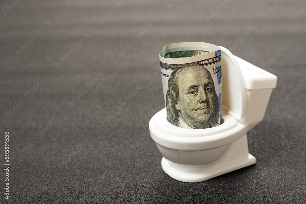 Concept of waste of money, throwing money down the toilet. Dollar bill