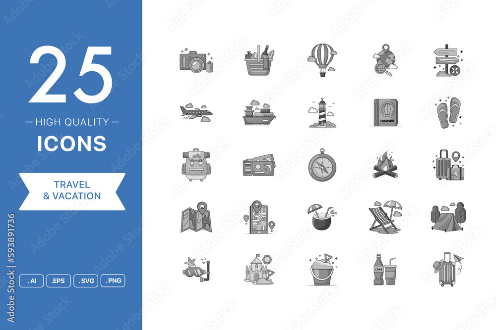 Vector set of Travel icons. The collection comprises 25 vector icons for mobile applications and websites. Vector set of Travel icons. The collection comprises 25 vector icons for mobile applications and websites.