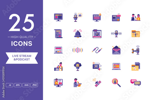 Vector set of Podcast icons. The collection comprises 25 vector icons for mobile applications and websites. © freeslab