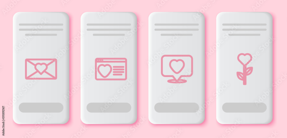 Set line Envelope with Valentine heart, Dating app online, Like and and Heart shape flower. White rectangle button. Vector
