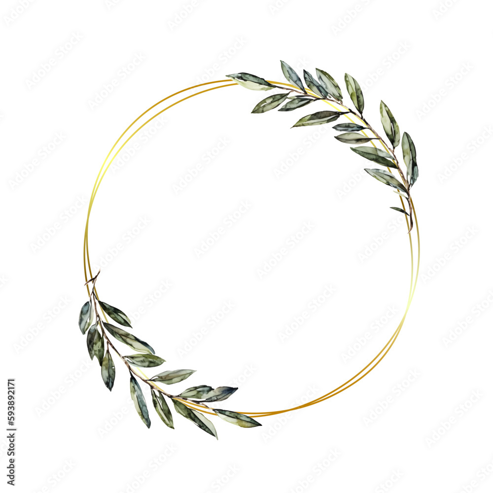 Round wreath of olive branches. Olive leaves in a round gold frame ...