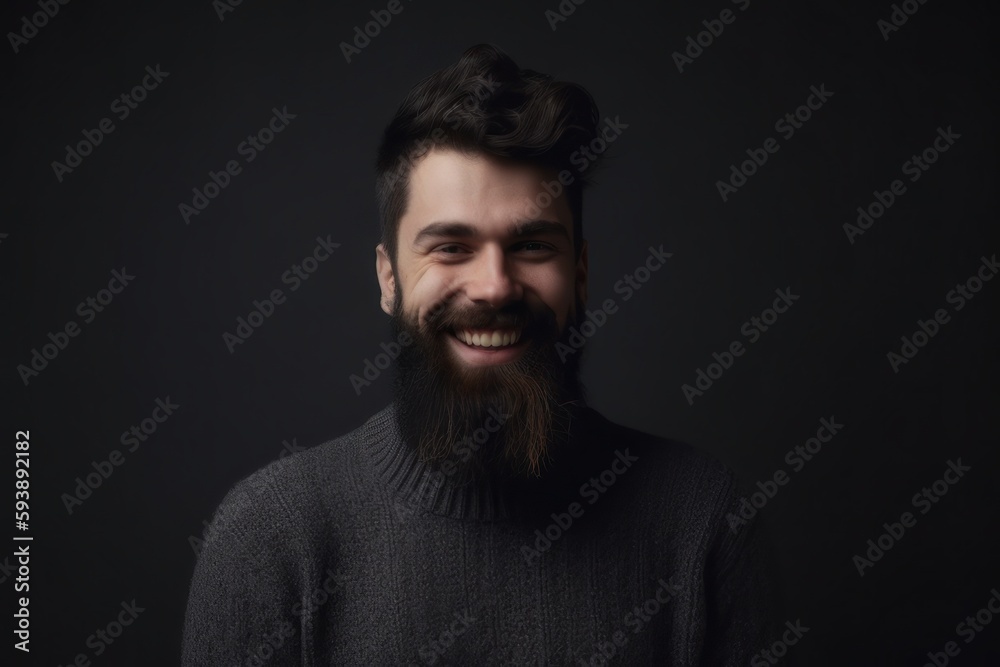 Bearded man in grey sweater laughs while looking at the camera, with generative AI technology