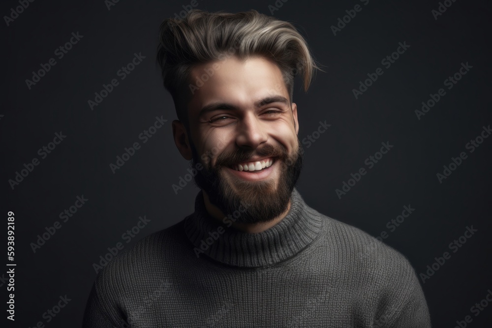 Bearded man in grey sweater laughs while making eye contact with the camera, with generative AI technology