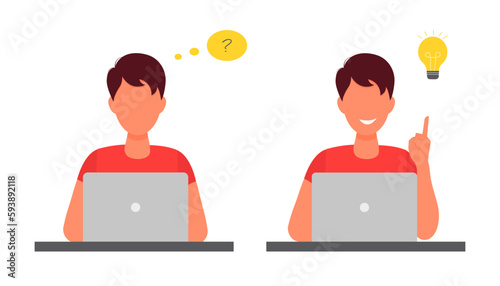 A man working at a computer thinking about solving problems and finding a creative idea. Vector illustration in flat style. Isolated on white background.