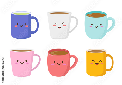 Set of coffee mugs in kawaii style. Mugs in cartoon style. Vector illustration in a flat style. Isolated on a white background. photo