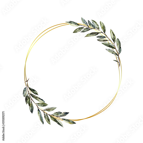 Round wreath of olive branches. Olive leaves in a round gold frame. Vector illustration.