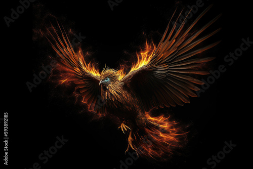Experience the fiery rebirth of a majestic phoenix, its wings flapping flames against a dark backdrop. Perfect for powerful and mystical designs generative ai © emzee
