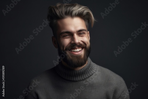 Bearded man in grey sweater laughs while making eye contact with the camera, with generative AI technology © Markus Schröder