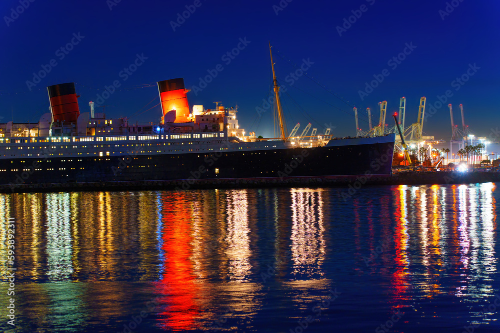 Spectacular View of the Queen Mary Ship at Night