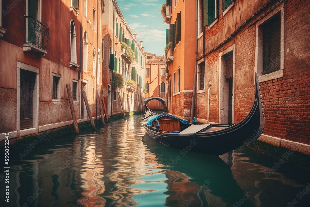 Colorful Venice Canal Painting with Gondola - Travel Poster and Wallpaper. Post produced Ai generative Illustration. Generative AI
